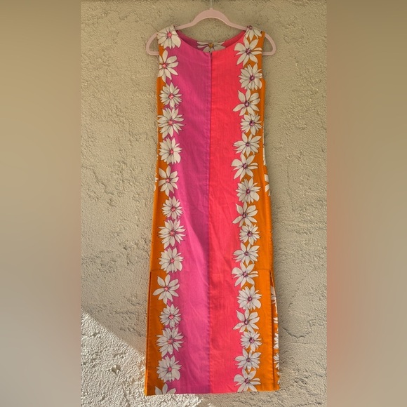 Vintage Hawaiian Homemade Barkcloth Floral Pink Orange Maxi Sheath Column Dress - Picture 13 of 13